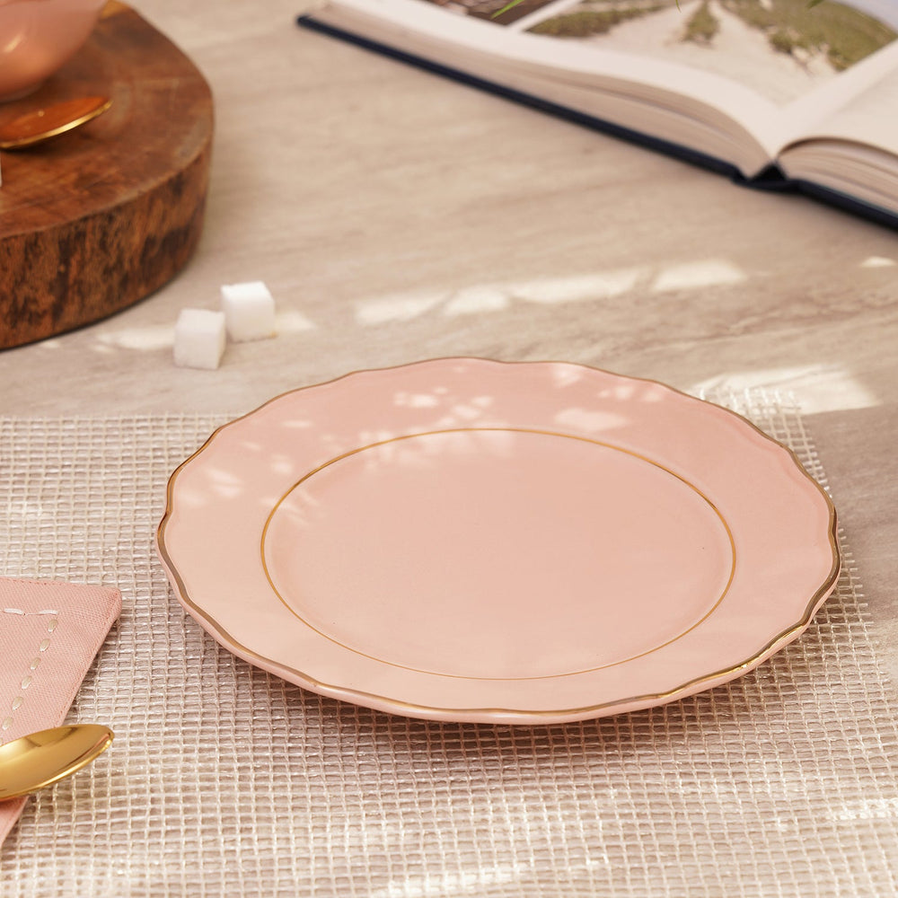 Set Of 2 Pink Porcelain Dessert Plates With Gold Rim