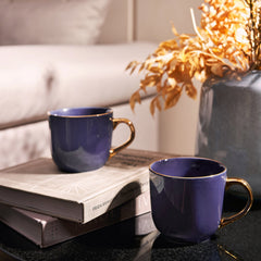 Set Of 2 Purple Porcelain Coffee Mugs With Gold Handle