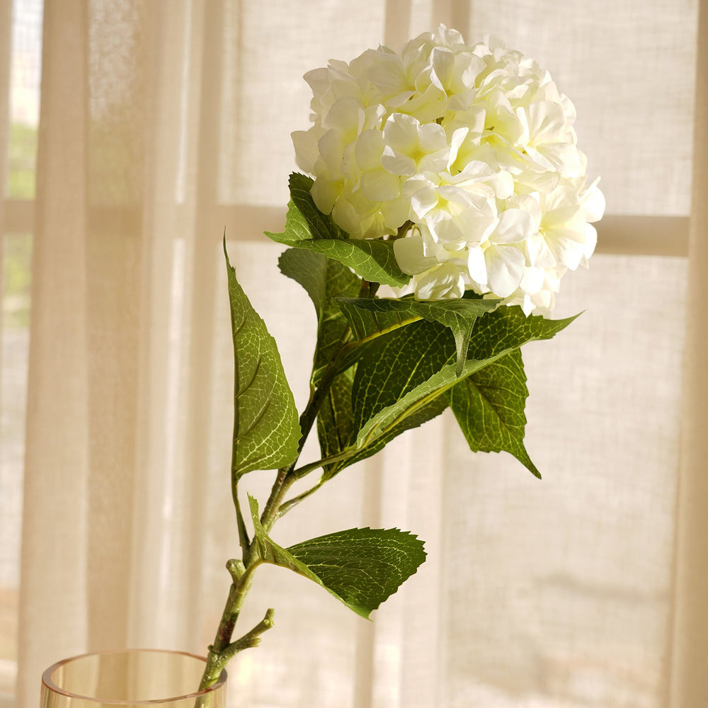 White Hydrangea Faux Flower with Leaf - Single