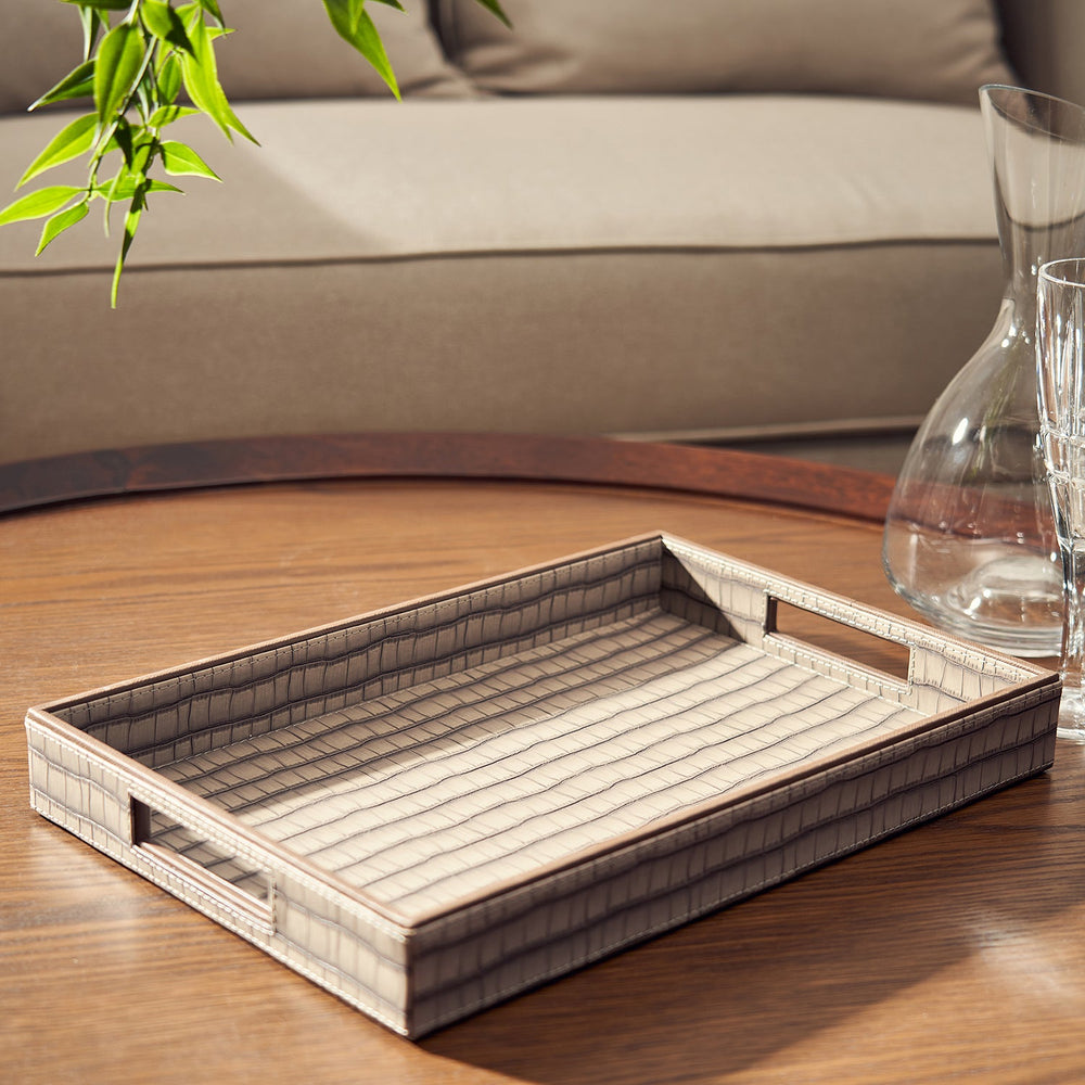 Brown Croc Pattern Rectangle Faux Leather Tray
