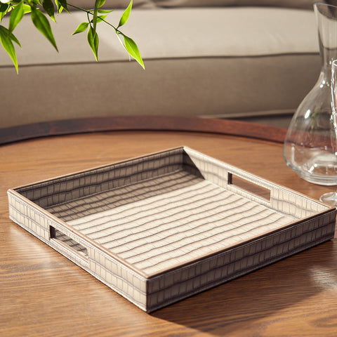 Brown Croc Pattern Square Faux Leather Tray