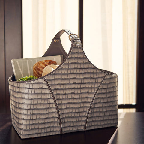 Brown Croc Pattern Faux Leather Magazine Basket