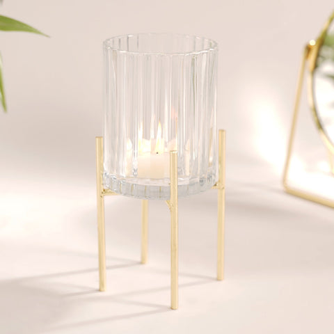 Clear Ribbed Glass Hurricane With Metal Stand