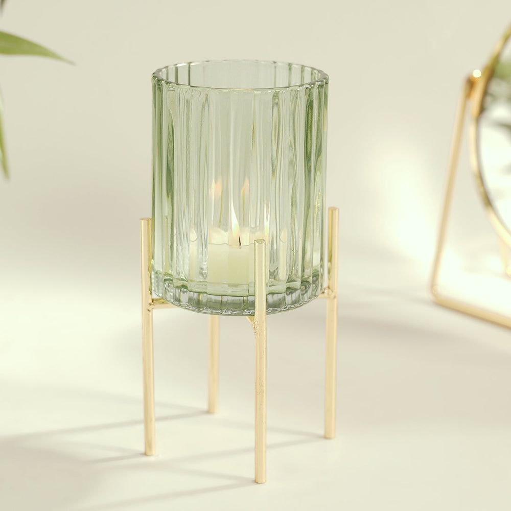 Green Ribbed Glass Hurricane With Metal Stand
