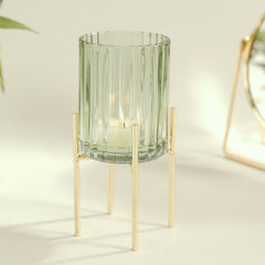 Green Ribbed Glass Hurricane With Metal Stand