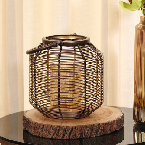Brown Metal Wire Lantern With Glass