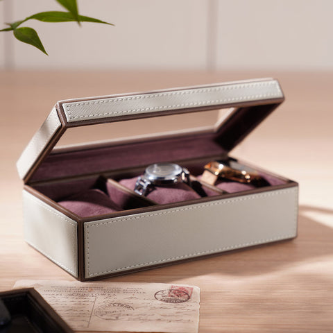 Beige 3 Compartment Faux Leather Watch Box