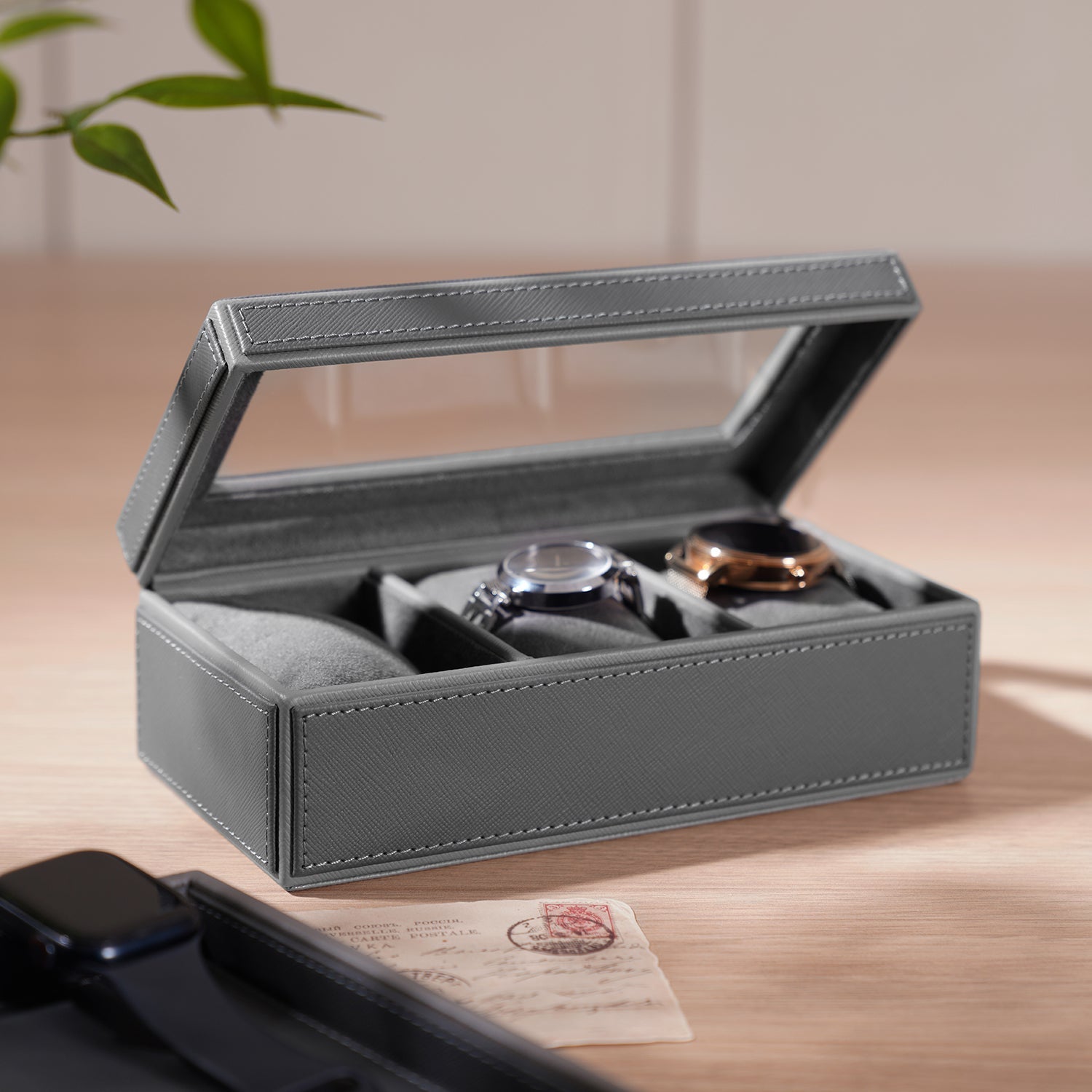 Shop Premium Grey 3 Compartment Faux Leather Watch Box at Best Price Online in India