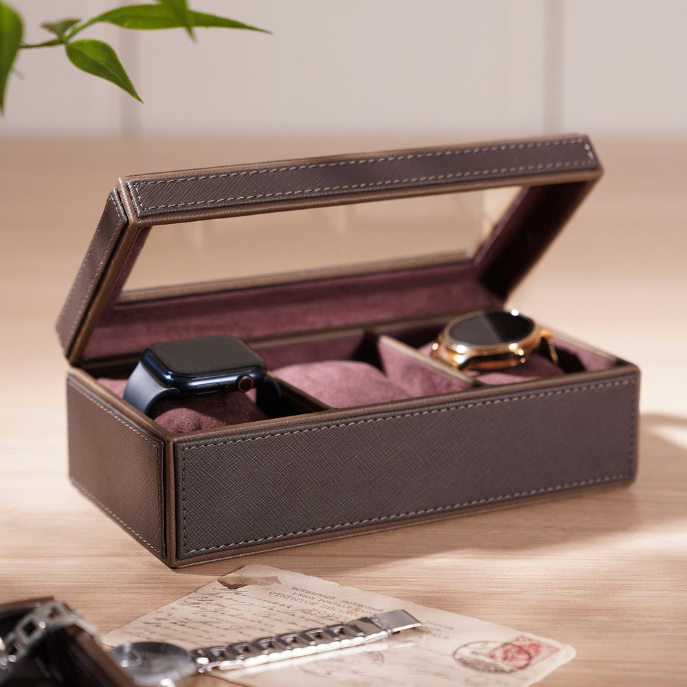 Dark Brown 3 Compartment Faux Leather Watch Box