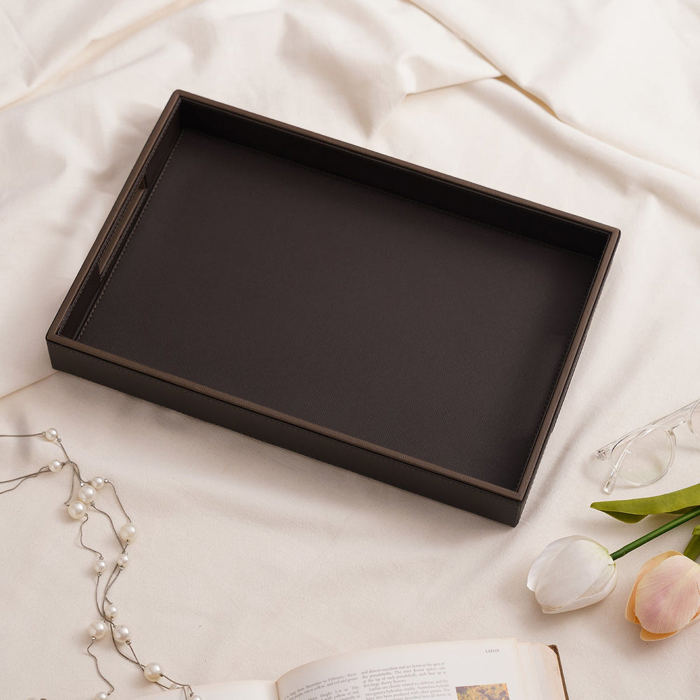 Dark Brown Rectangle Faux Leather Serving Tray