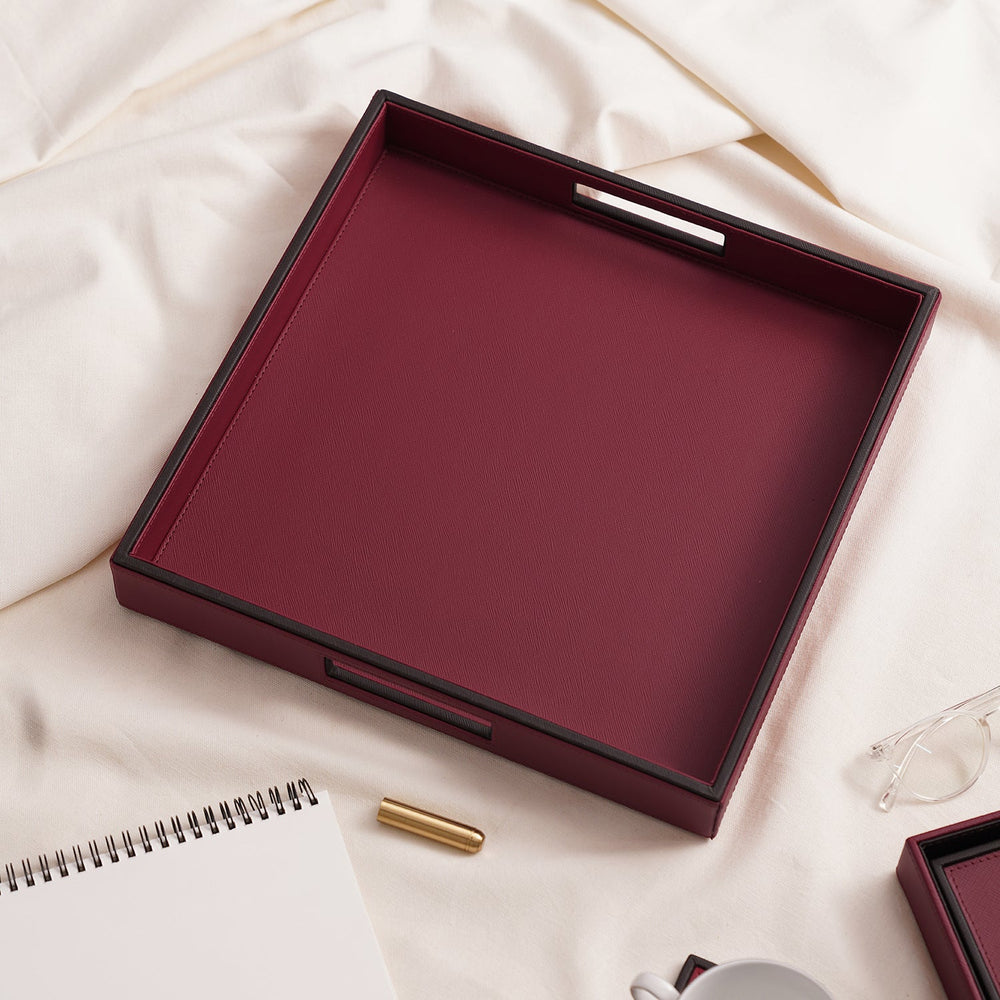 Red Faux Square Leather Serving Tray