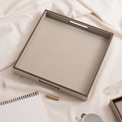 Beige Faux Square Leather Serving Tray