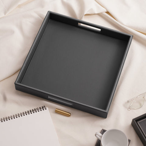 Grey Faux Leather Square Serving Tray