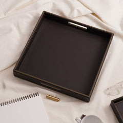 Dark Brown Square Faux Leather Serving Tray