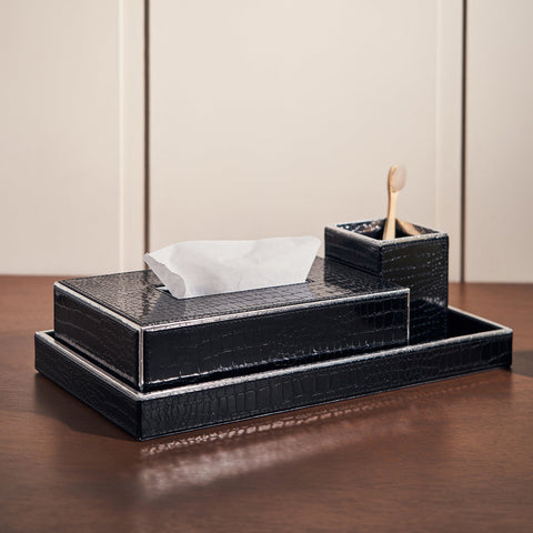 Set Of 3 Black Faux Leather Bathroom Accessories