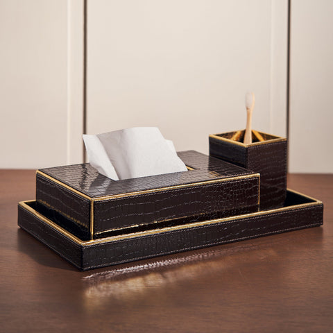 Set Of 3 Brown Faux Leather Bathroom Accessories