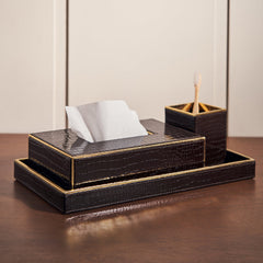 Set Of 3 Brown Faux Leather Bathroom Accessories