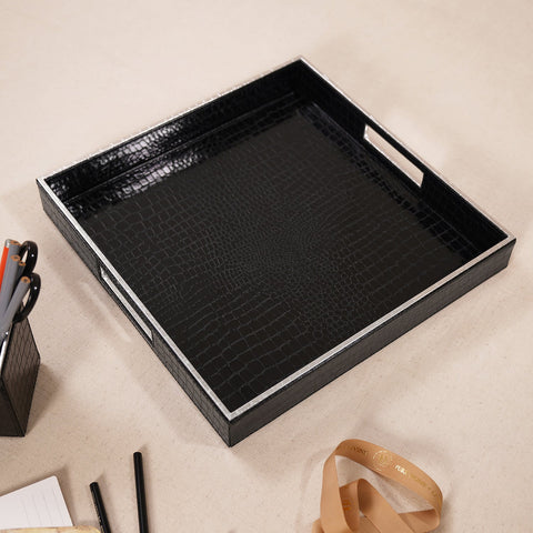 Black Square Faux Leather Serving Tray