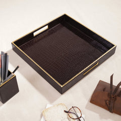 Brown Square Faux Leather Serving Tray