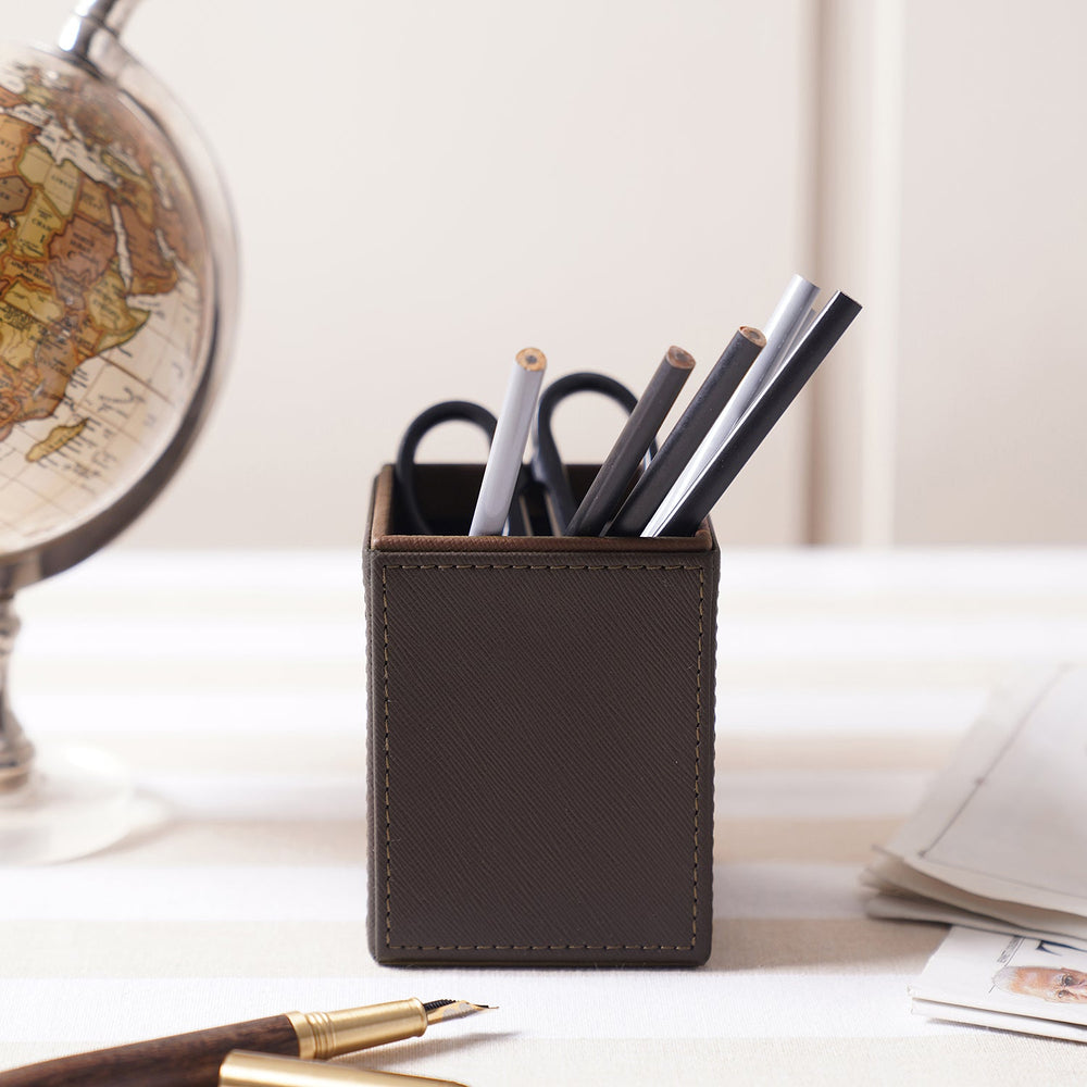 Dark Brown Faux Leather Pen Stand