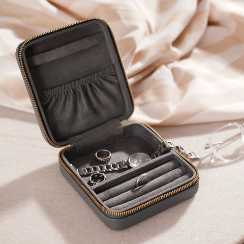 Grey Square Faux Leather Travel Jewellery Box