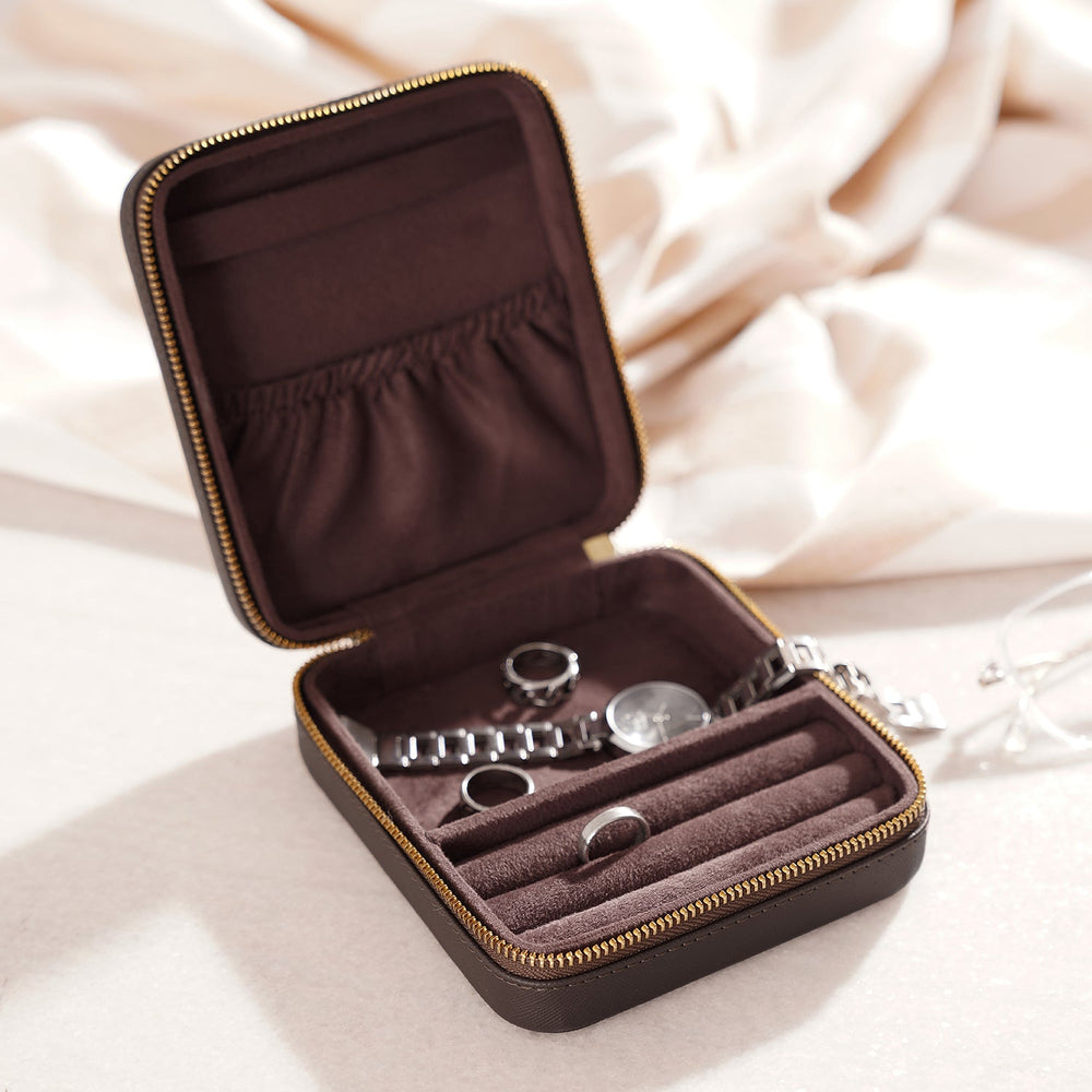 Dark Brown Square Faux Leather Travel Jewellery Box