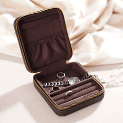 Dark Brown Square Faux Leather Travel Jewellery Box