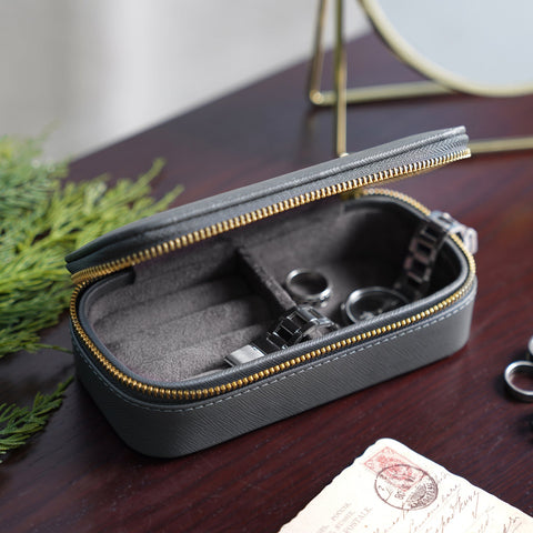 Grey Rectangle Faux Leather Travel Jewellery Box