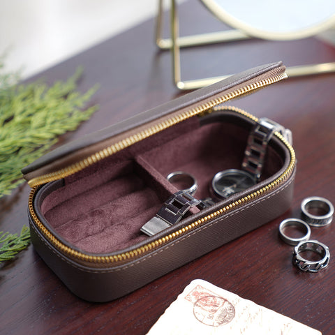 Dark Brown Rectangle Faux Leather Travel Jewellery Box