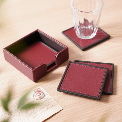 Set Of 4 Red Faux Leather Coasters