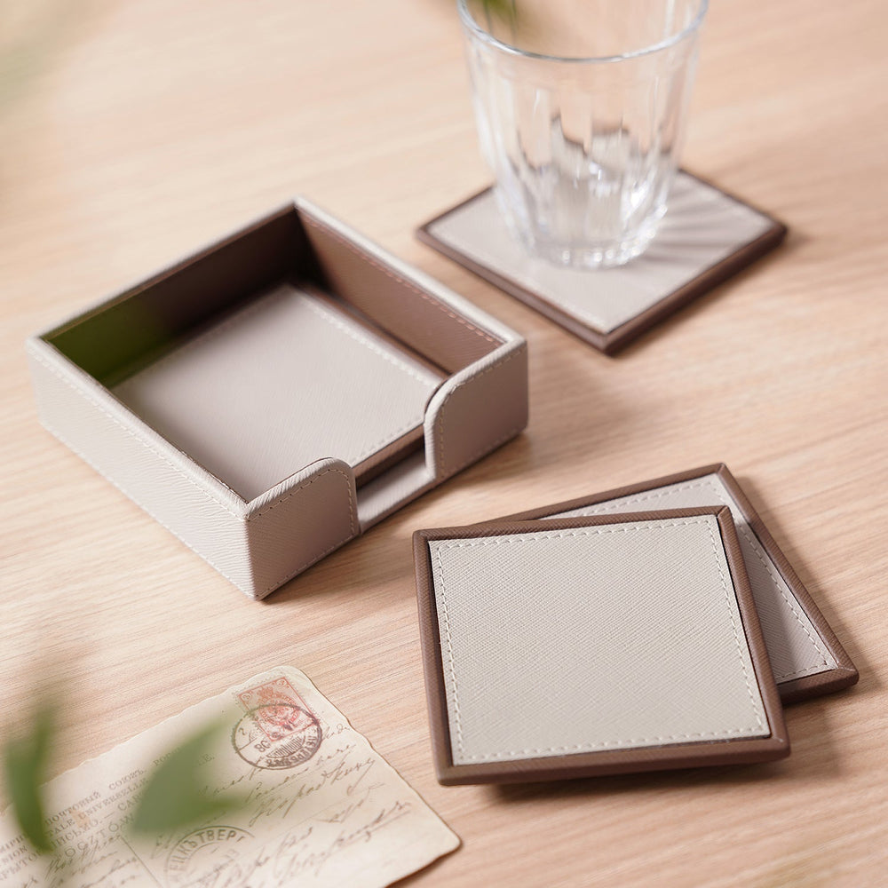 Set Of 4 Beige Faux Leather Coasters
