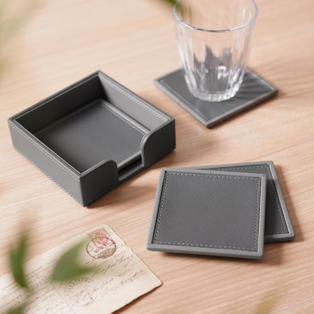 Set Of 4 Grey Faux Leather Coaster