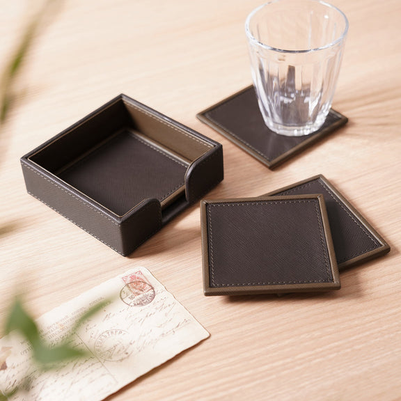 Shop Set Of 4 Dark Brown Faux Leather Coasters at Best Price Online