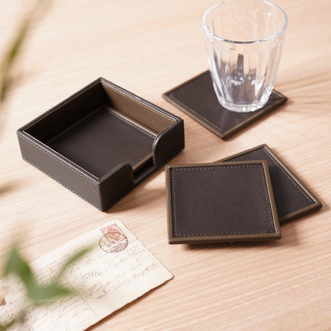 Set Of 4 Dark Brown Faux Leather Coasters