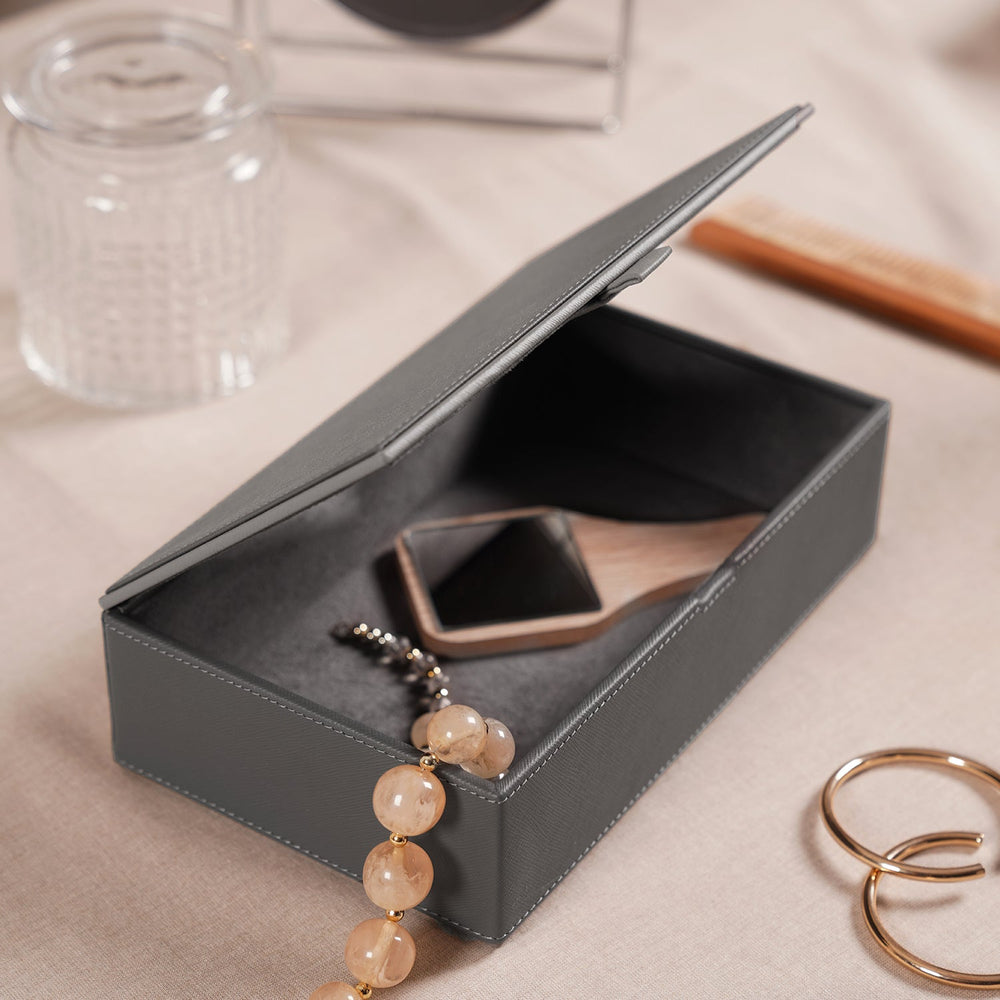 Grey Faux Leather Storage Box with Lid - Large