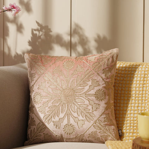 Pink Velvet Zari Embroidered Square Cushion Cover