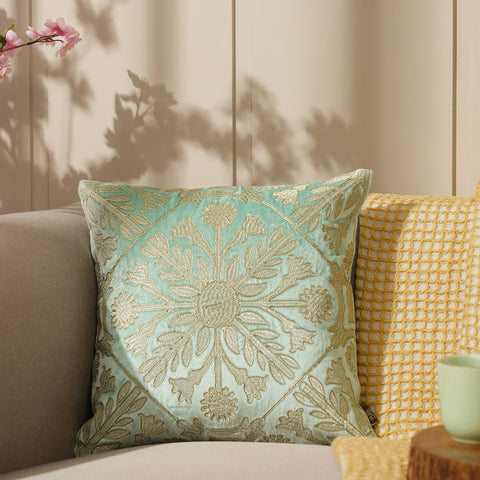 Blue Velvet Zari Embroidered Square Cushion Cover