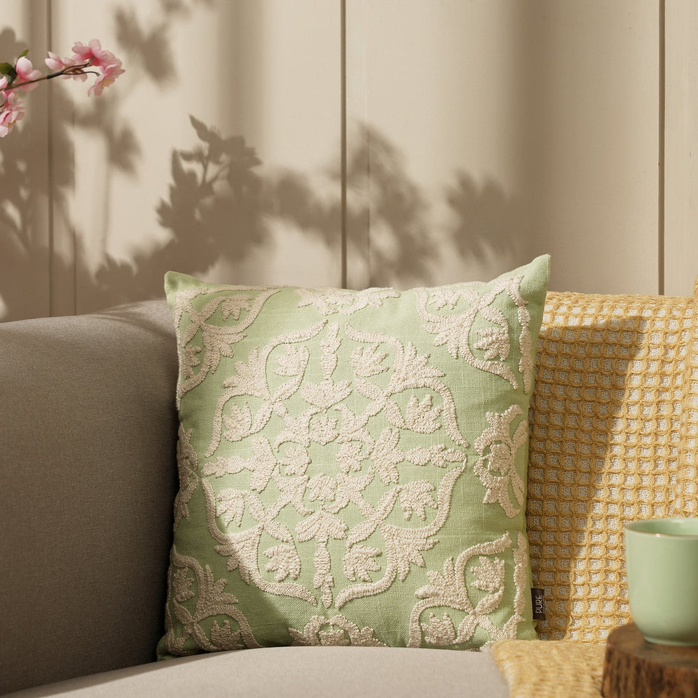Green Cotton Embroidered Square Cushion Cover