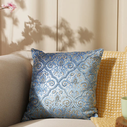 Blue Foil Print Cushion Cover With Beads
