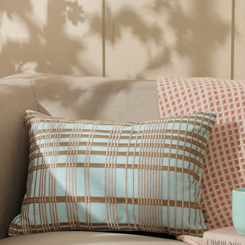Blue Plaid Embroidered Cotton Cushion Cover