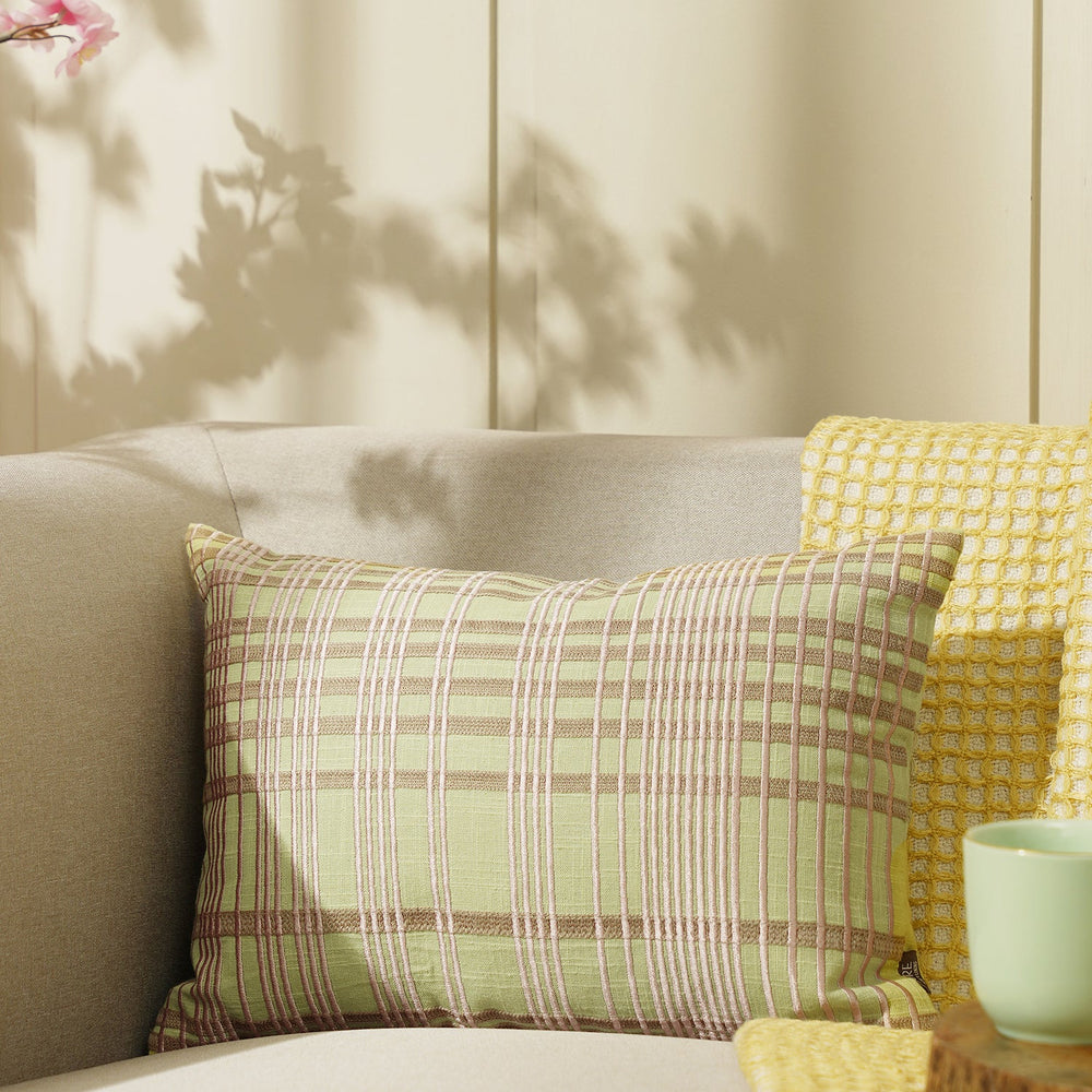 Green Plaid Embroidered Cotton Cushion Cover