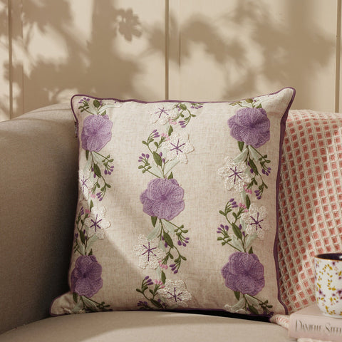 Purple Floral Print Cotton Cushion Cover