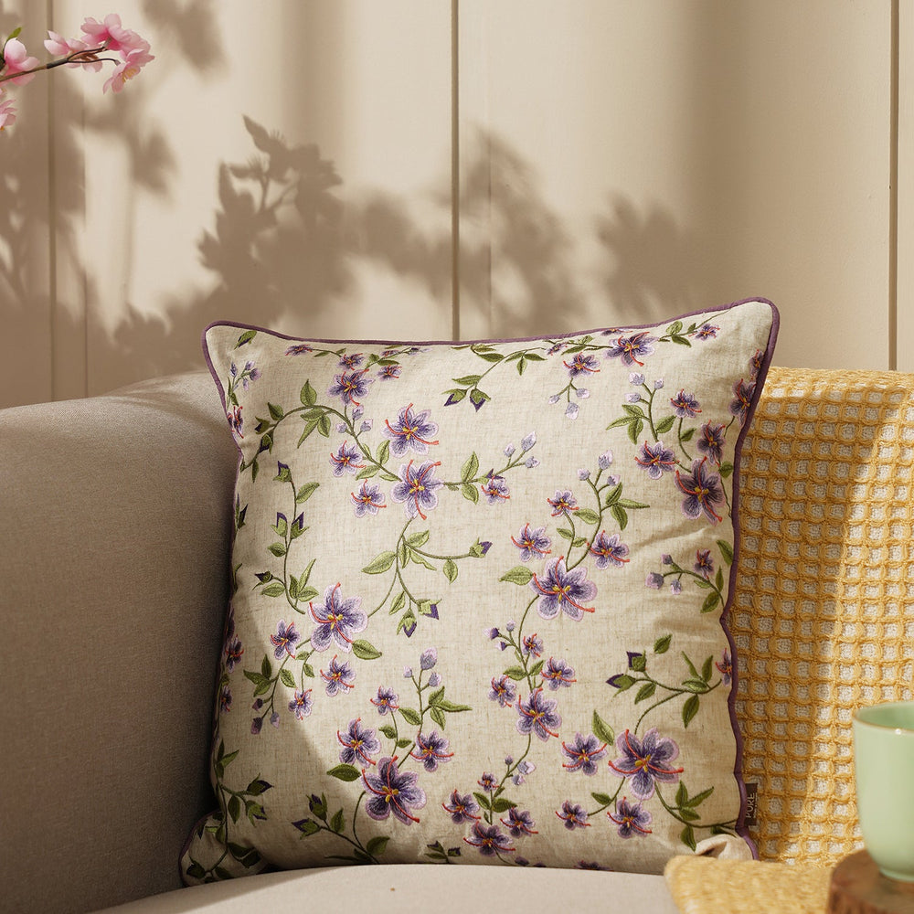 Purple Floral Cotton Cushion Cover