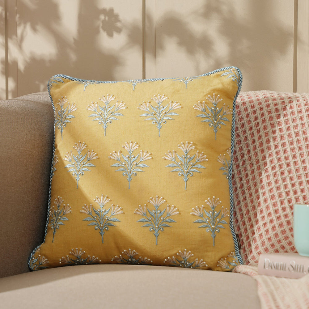 Yellow Embroidered Cushion Cover With Beads