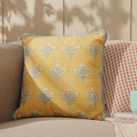 Yellow Embroidered Cushion Cover With Beads