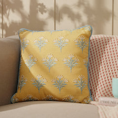 Yellow Embroidered Cushion Cover With Beads