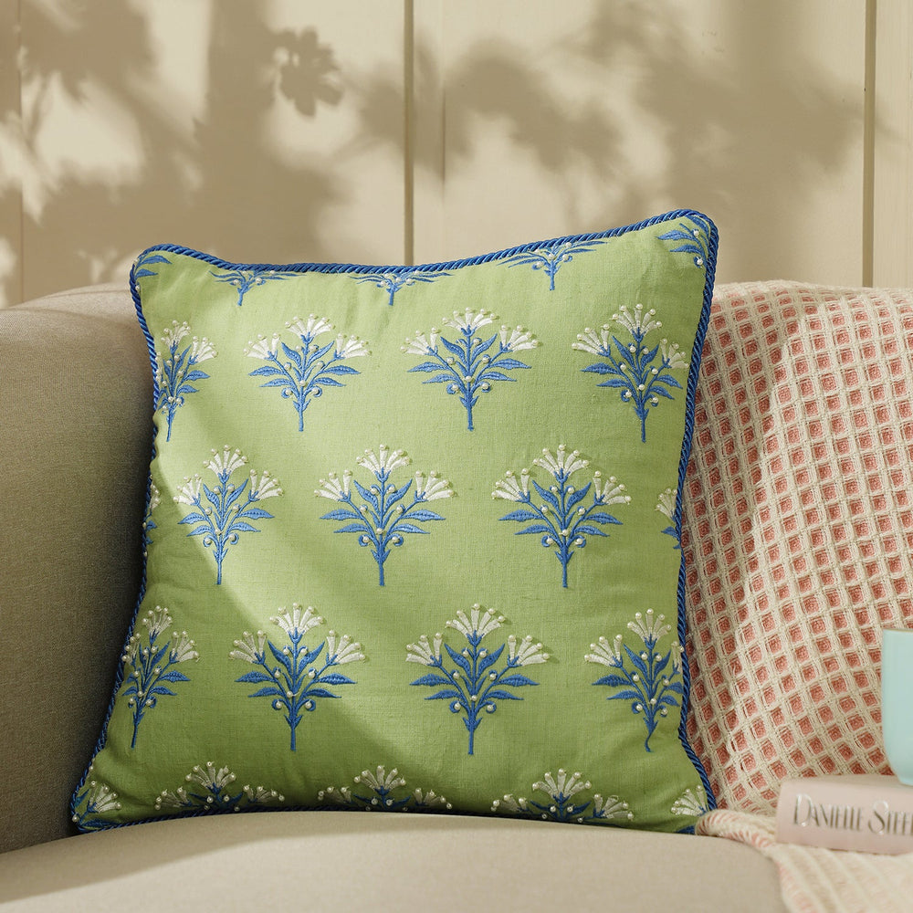Green Embroidered Cushion Cover With Beads