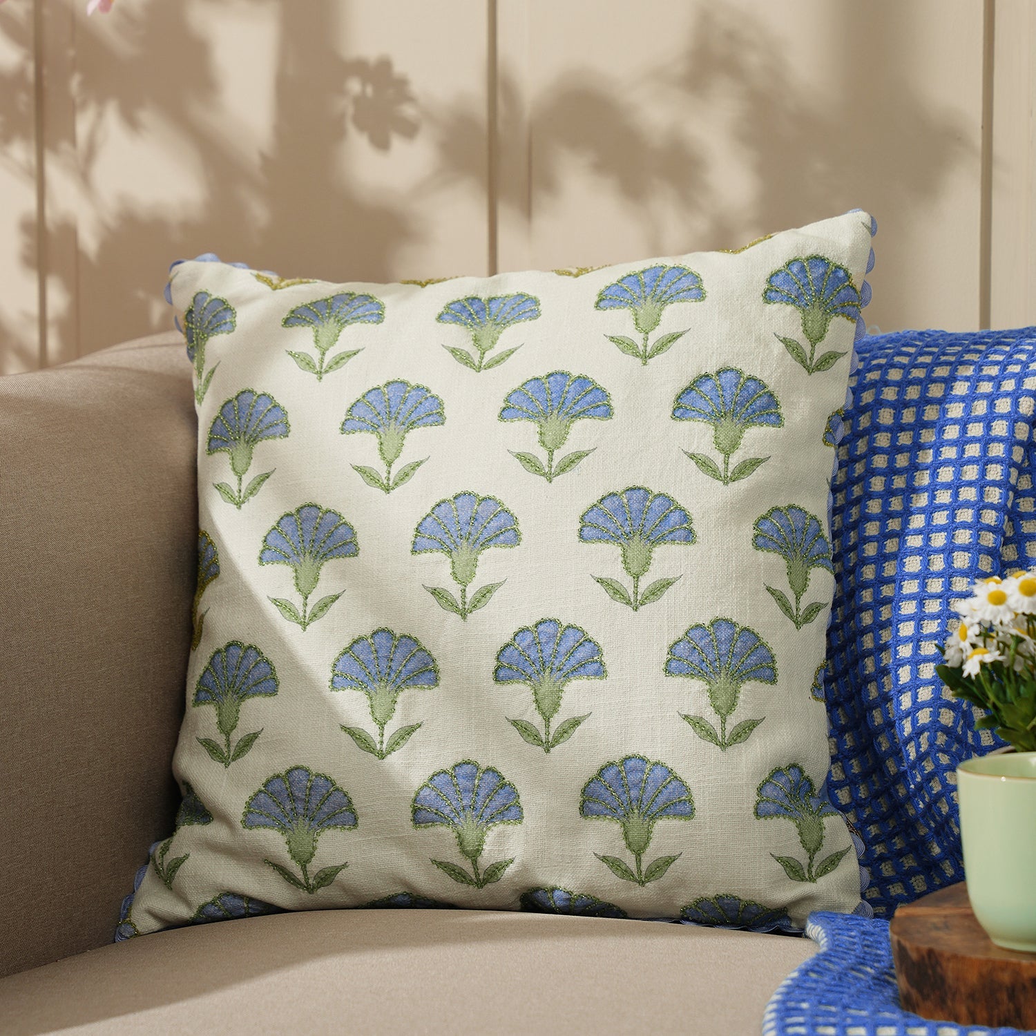 Shop Blue Printed Cotton Cushion Cover With Beads at Best Price