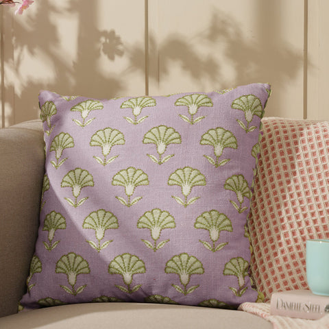 Purple Printed Cotton Cushion Cover With Beads