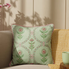 Sage Green Printed Embroidered Cotton Cushion Cover